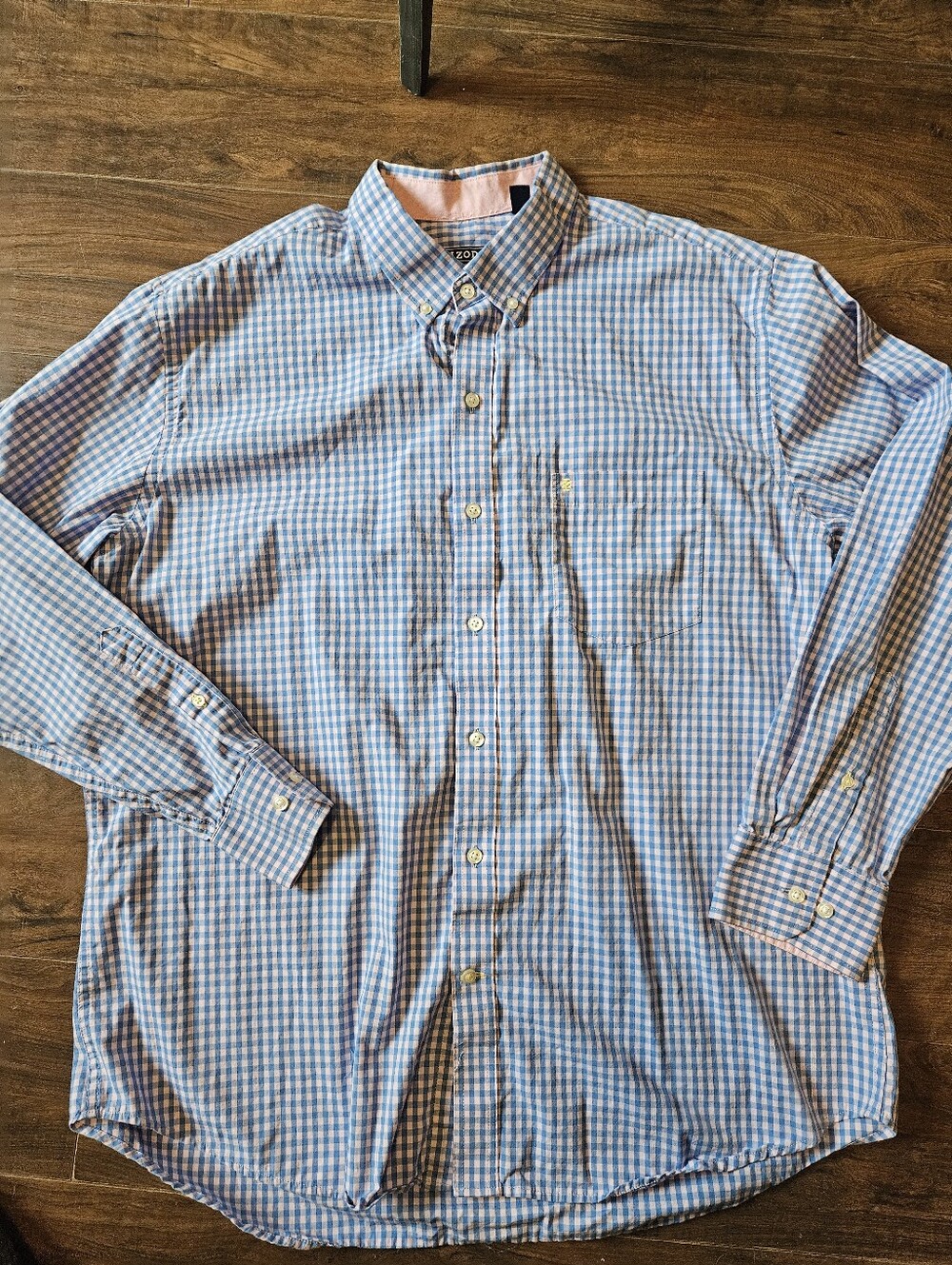 IZOD Premium Essentials Mens Woven Check Button-Down LS Shirt Blue Pink XL #J